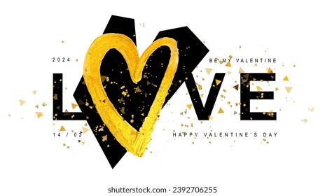 Elements for the design of a poster for Valentine's Day. The letter O is in the shape of a large golden heart in the word LOVE. Golden shiny shining confetti. Vector illustration on white background.