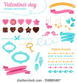 Elements for design. Valentine's day. Ribbons, frames, hearts, brushes. Set. Vector isolated illustration.