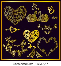 Elements of design. Vintage logos, emblems. Gold objects for romantic cards. Vector illustration