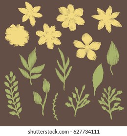 Elements of different colors and leaves embroidery design for clothing. Nature flowers embroidery patch vector decoration. 