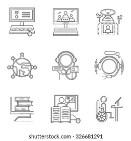 Elements of distant education and e-learning. Set of thin flat line style science and education vector icons. Design symbols for website and business.
