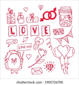 Elementos de las ilustraciones de doodle para la festividad de todos los amantes, conjunto de composiciones, empaque para regalos de vacaciones, banderas, cartas, globos y todo un frasco de corazones