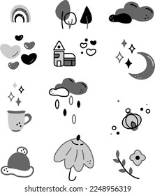 Elements doodle set2. 12 cute elements. Cartoon white and black vector illustration.
