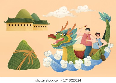 Elements for dragon boat festival isolated on yellow background