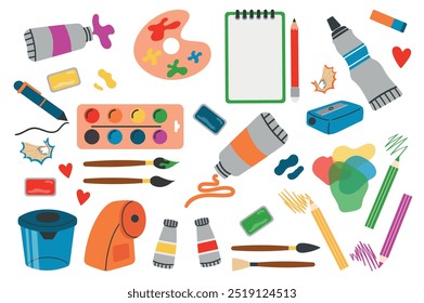 Elements of drawing tools. Art supplies. Hand drawn vector illustration