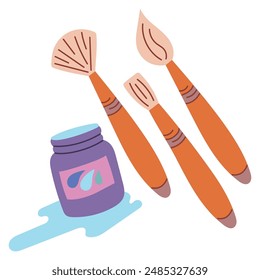 Elements of drawing tools. Brushes and a can of paint. Back to school. Trendy modern vector illustration, isolated on white, hand drawn, flat design.