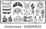 Elements of São João drawn in the northeastern cordel style. Flags, accordion, balloon, lamp, hats, bonfire and fireworks.