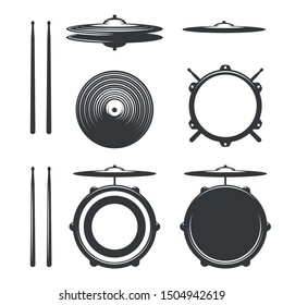 Elements of Drum kit. Drumkit Tools. Isolated on White Background.