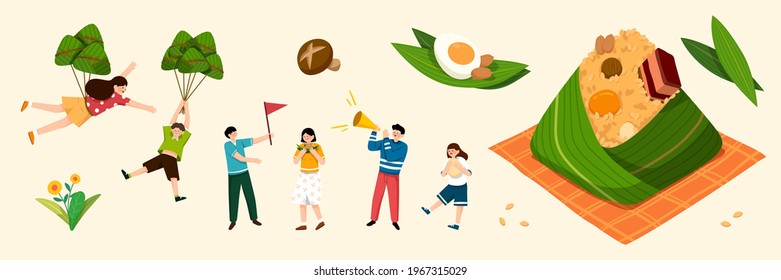 Elements for Duanwu Festival in flat style, including people, rice dumplings, and other zongzi ingredients.