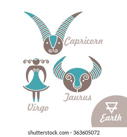 Elements of Earth: Capricorn, Taurus, Virgo. Zodiac symbols.