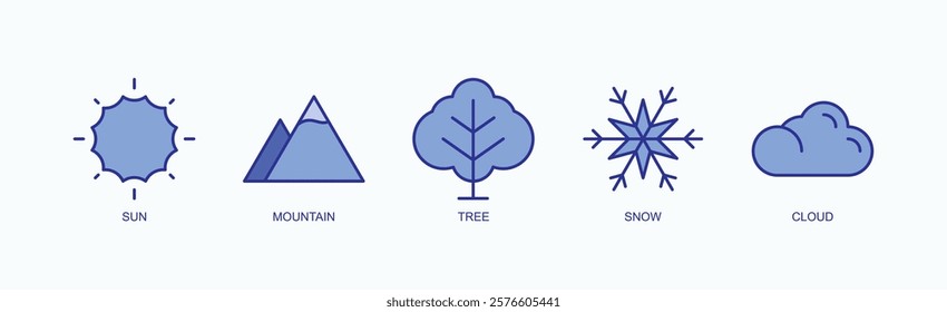 Elements Of Earth Icon Set Isolated Vector With Icon Of Sun, Mountain, Tree, Snow, Cloud In Blue Style