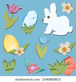 Elements for Easter, bunny, flowers, eggs, cut out like from paper. Vector isolated graphics. 