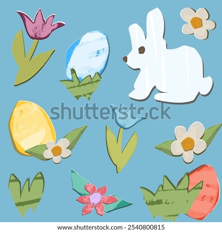Elements for Easter, bunny, flowers, eggs, cut out like from paper. Vector isolated graphics. 