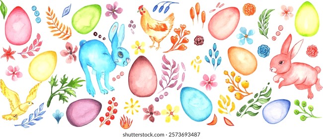 Elements for the Easter holiday. You can make cards, wallpapers, covers, illustrations yourself. All elements are painted with watercolors.