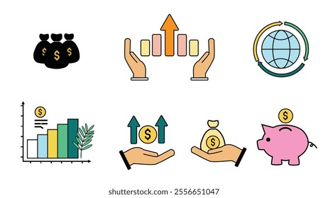 Elements of economy, finance and business theme collection. Vector various types of economy, finance and business theme icons isolated on white background