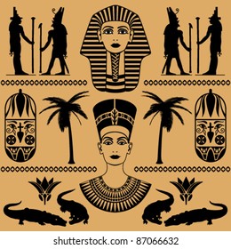 elements of the Egyptian decorative patterns, heads of Nefertiti and masks of pharaoh on a beige background