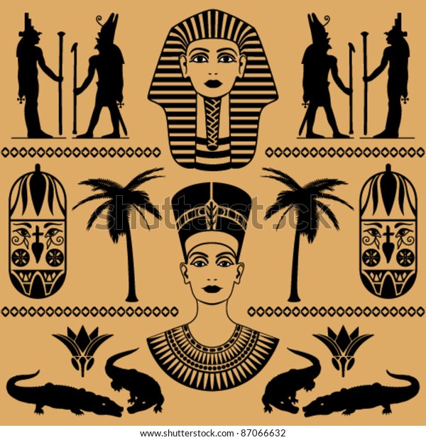 ベージュ背景にエジプトの装飾的な柄 ネフェルティの頭 ファラオのマスクのエレメント のベクター画像素材 ロイヤリティフリー
