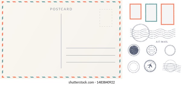 Elements for empty postcard back. Postage stamps and imprints. Travel card design set