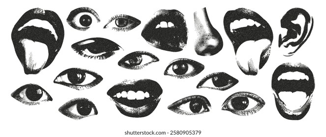 Elements of the eye, ear, nose, lips of the brutal retro design. The photocopy effect. Vector illustration.