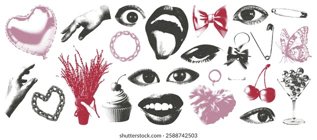 Elements of eyes, hands, heart-shaped balloon, flower, cupcake, cherry for collage in grunge and glamour style with vintage photocopy texture. Vector illustration.