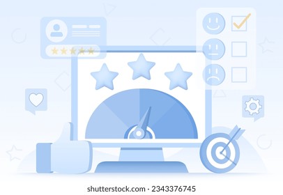 Elements of feedback, customer satisfaction, survey, review, customer loyalty, comment, respond, star rating, positive and negative thinking. Flat vector design illustration.
