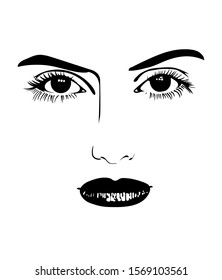 Elements of a female face in a minimalistic manner. Black eyes. Black lips.