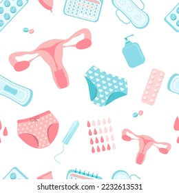 elementos de higiene femenina sin fisuras en un fondo blanco. Conjunto de ciclos menstruales de objetos aislados en un fondo rosado. Utero, bragas, píldoras hormonales anticonceptivas, taza menstrual, tampón
