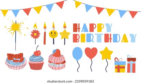 Elements of a festive birthday greeting, a set of balloons, flags, cupcakes, gift boxes, garlands and a hand-drawn style.