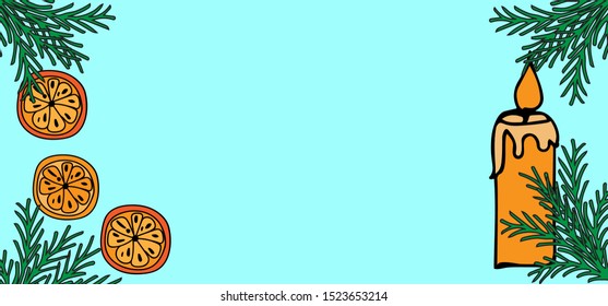 Elements of a festive design: Christmas tree branches, orange slices. New Year card. Copy space. Vector illustration