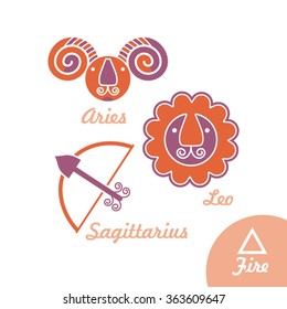 Elements of Fire: Aries, Leo, Sagittarius. Zodiac symbols.