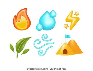 Elements of fire, water, beach sand, leaves, wind and lightning 3d vector. Suitable for design assets