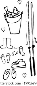 Elements of a fishing kit, outdoor recreation. sketch vector