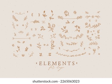 Elements flowers and branches to create label or sign in hand drawing style. Coffee color background.