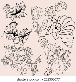 Elements of flowers and other objects for your design. Monochrome.