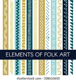Elements of folk art, a set of multi-colored lace, tassels for decoration, textile ribbons. Embroidery stitches. Vector illustration.