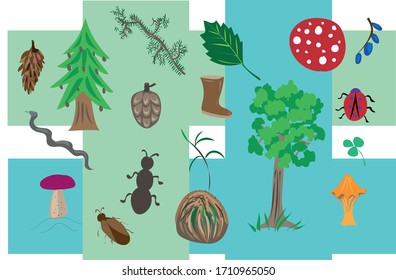 
elements of forest life on blue-green rags: ant, anthill, red mushroom hat, leafy and coniferous trees, branches, green leaves and fruits