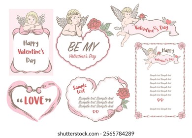 Elements of frame text box. Cupid and hearts banner. for card, poscarrd, sticker, social banner and so on