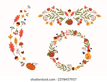 Elements and frames of flowers, acorns, mushrooms, berries and leaves. Festive decor from flowers in vector. Flat style.