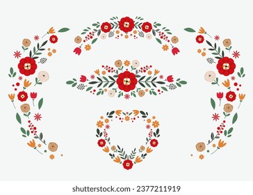 Elements and frames of flowers, cones, berries and leaves. Festive decor from flowers in vector. Flat style.
