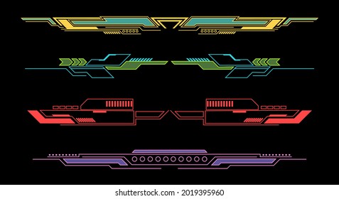 Elements futuristic HUD. Callout bar. Modern digital info boxes. Geometric graphic dividers. Game interface frame with contour arrows and lines. User menu panel. Vector borders set