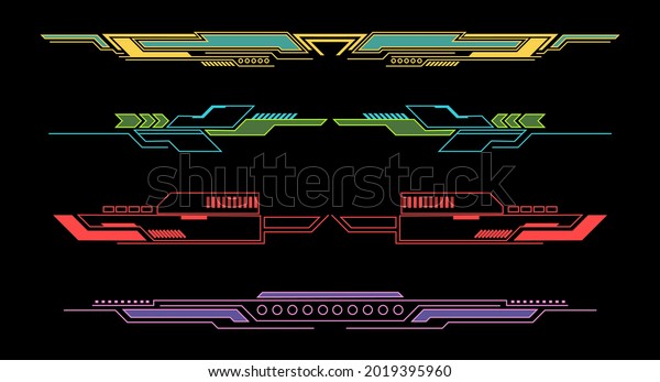 Elements
futuristic HUD. Callout bar. Modern digital info boxes. Geometric
graphic dividers. Game interface frame with contour arrows and
lines. User menu panel. Vector borders
set