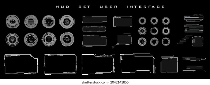 Elements for game design in the style of HUD. Big set futuristic HUD, UI  UX elements for HUD user interface. Circles, callouts, titles, frames, pointers, targets, info and dialog boxes