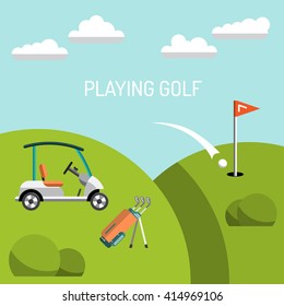 Elements for a game of Golf. Golf course. the game of Golf is painted in flat style. Vector golf icons. Flat vector golf set app. Golf stuff set isolated. Vector golf bag, golf car, golf course,