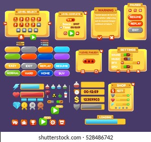 The elements of the game interface. game menu, level interface ,panels ,ui ,buttons