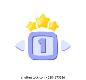 Elements for games. Button to increase level. Number 1 squared with three stars above it. Reward for completing tasks, achievement. Cartoon flat vector illustrations isolated on white background