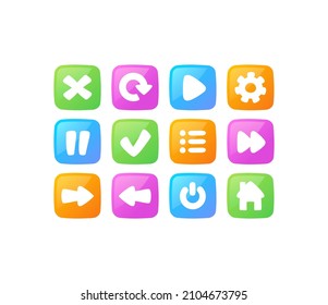 Elements for games. Buttons for gameplay, strategy design. Smartphone applications. Arrows and time rewind. Bright icons collection. Cartoon flat vector illustrations isolated on white background