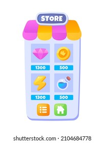 Elementos para juegos. Tienda de juegos, comprando moneda por dinero real. Nivelación de caracteres y donación, diseño de menús. Energía, dinero y poción. Ilustraciones de caricaturas de vectores planos aisladas en fondo blanco