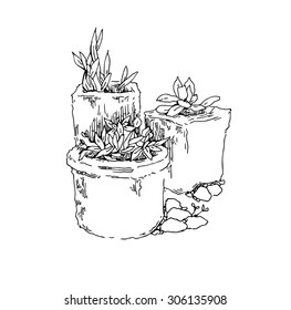 Elements of garden design. Lineart vector sketch. Isolated on white background.