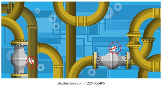 Elements of the gas pipeline with valves on an abstract background with technical motifs. Vector illustration