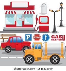 Elements of the gas station. Isolated on white background. Vector illustration.